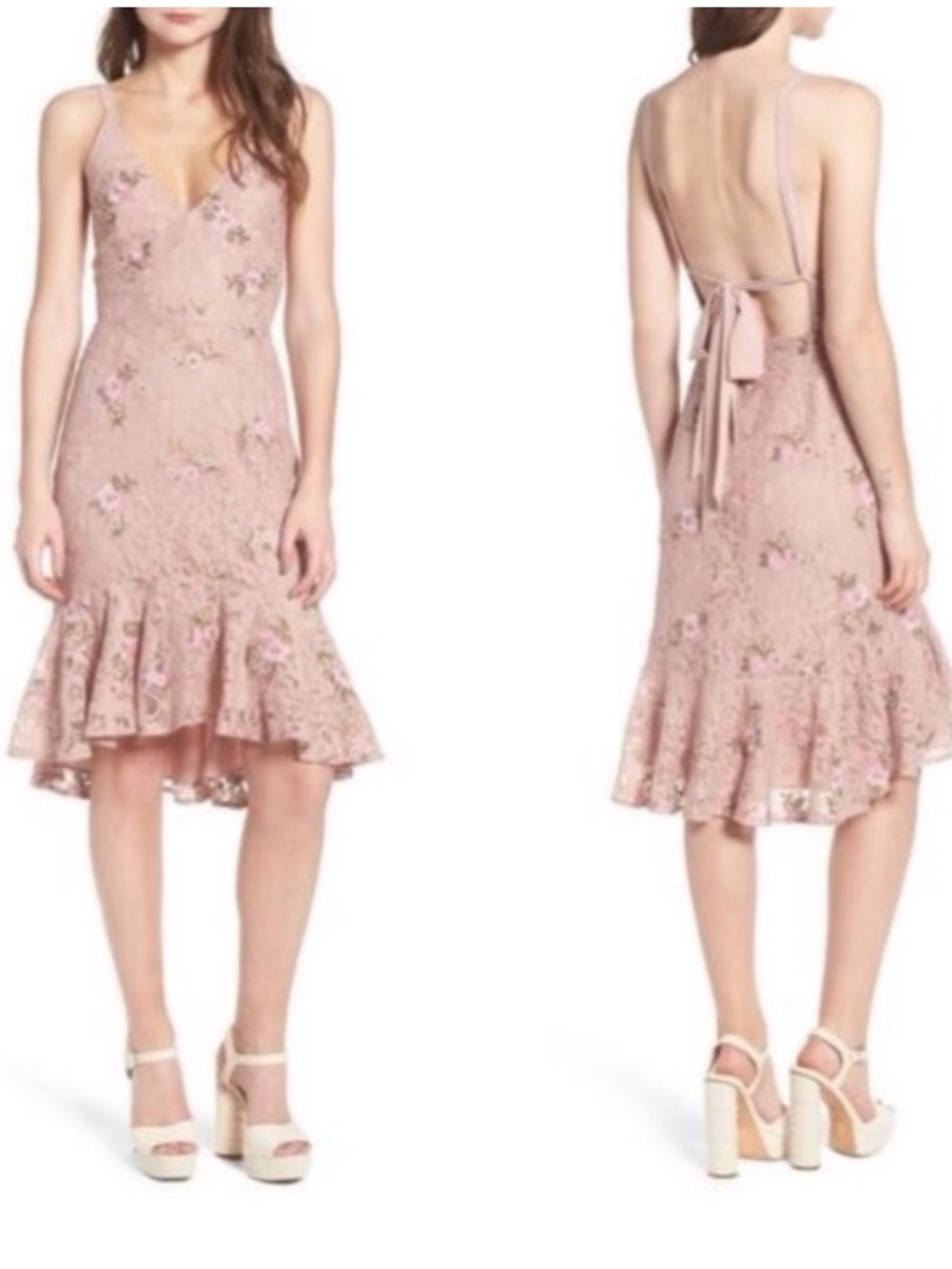 Wayf Ferrara Lace Pink floral Embroidered, Backless, Flared Hemmed Dress Size M